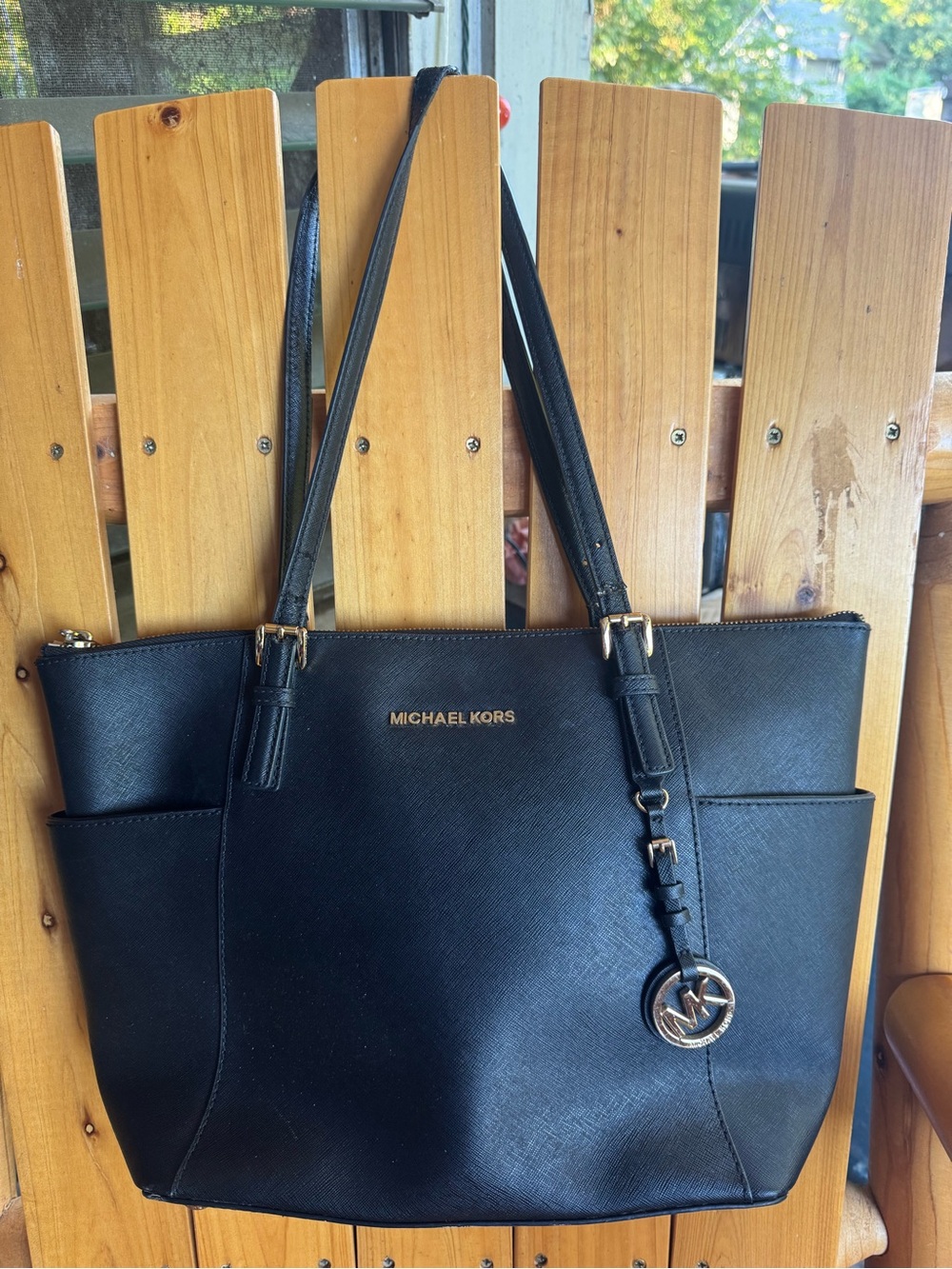 Michael Kors Black Saffiano Leather Tote with Gold Logo Charm